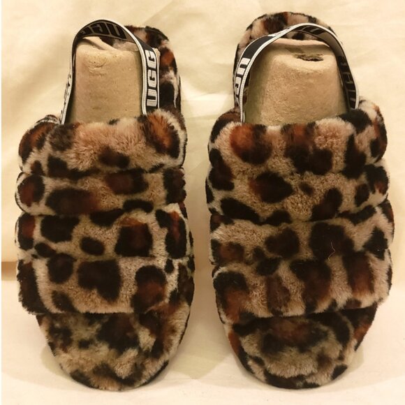 UGG Fluff Yeah Leopard Sling Back Slippers Lamb Fur Throughout Size-8 - Picture 4 of 9